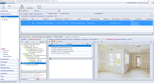 Projektfenster in der Handwerkersoftware Optimus